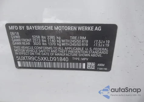 2019 BMW X3 xDrive30I z USA, uszkodzony, nr VIN 5UXTR9C5XKLD91840
